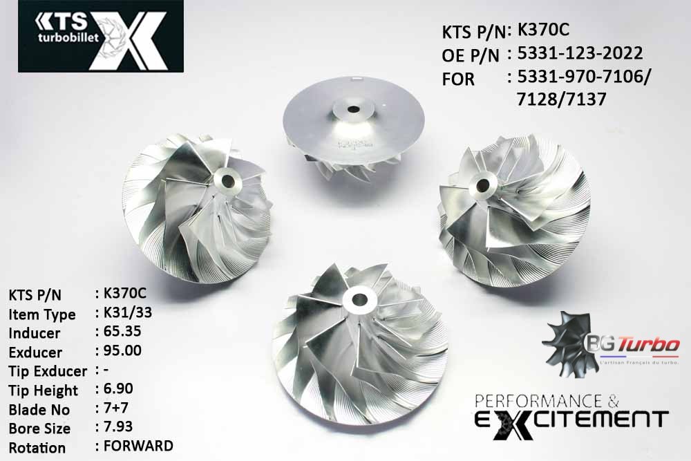 Turbo ROUE FORGÉE MFS PERFORMANCE - 7+7 PALES - INDUCER : 65,35 - EXDUCER : 95 - TYPE : K31/33ANGLE : 60° - ROTATION : Forward - SUPER BACK : 6 - BORE SIZE : 7,93
